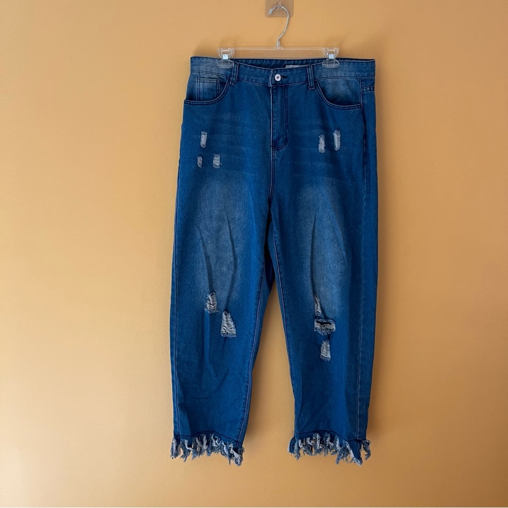 Misslook Women's Denim Jeans XL fits like L fringe hem Distressed Med Wash
